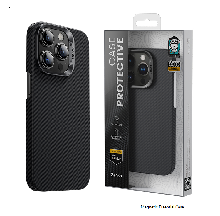 iPhone 14 Pro Kılıf Magsafe Şarj Özellikli Karbon Fiber Benks MFM Lisanslı 600D Essential Kevlar Kılıf Siyah