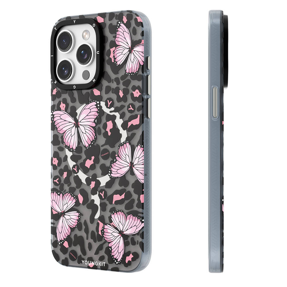 iPhone 14 Pro Kılıf Magsafe Şarj Özellikli Kelebek Desenli Youngkit Shadow Dance Serisi Kılıf Gri