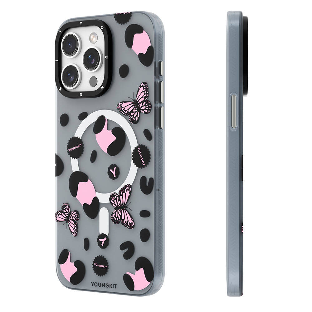 iPhone 14 Pro Kılıf Magsafe Şarj Özellikli Kelebek Desenli Youngkit Shadow Dance Serisi Kılıf Siyah