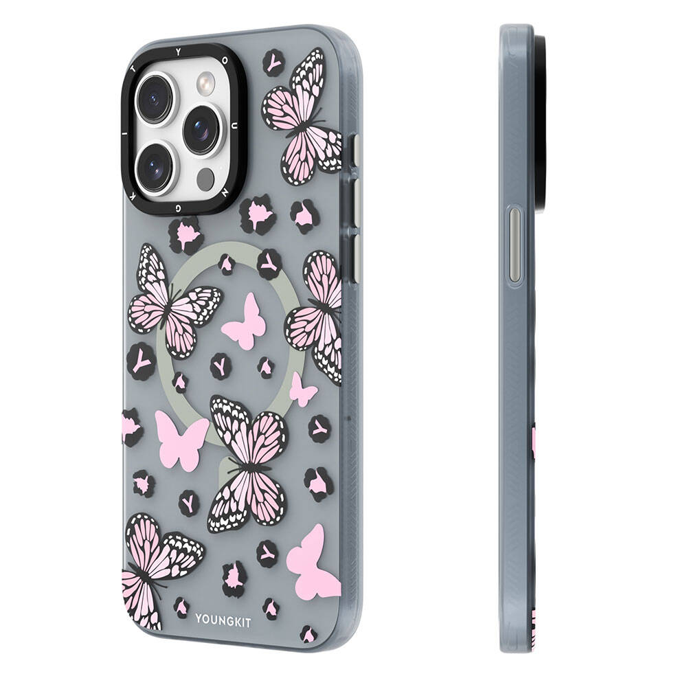 iPhone 14 Pro Kılıf Magsafe Şarj Özellikli Kelebek Desenli Youngkit Shadow Dance Serisi Kılıf Siyah