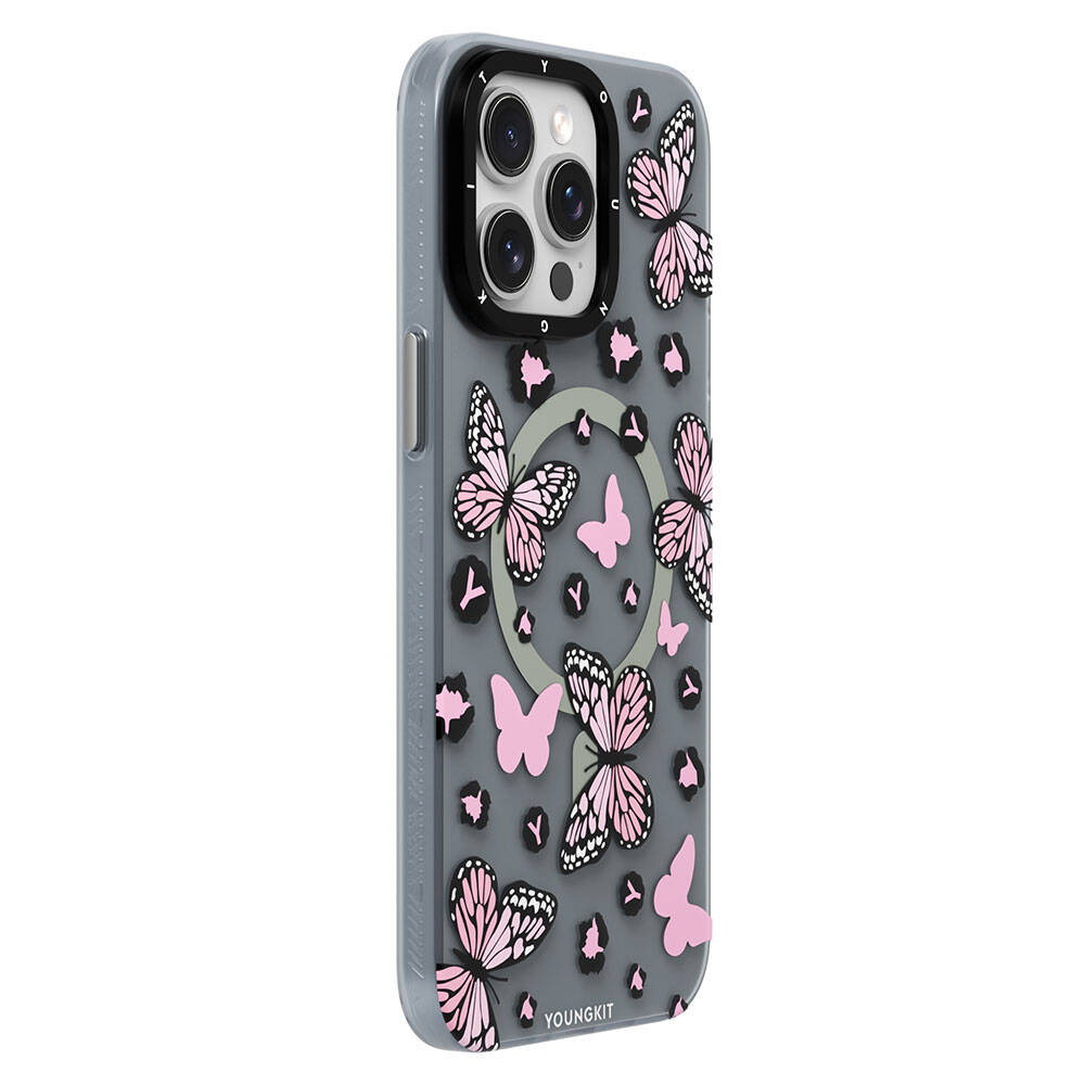 iPhone 14 Pro Kılıf Magsafe Şarj Özellikli Kelebek Desenli Youngkit Shadow Dance Serisi Kılıf Gri