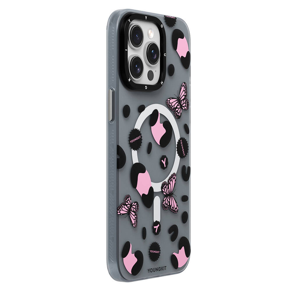 iPhone 14 Pro Kılıf Magsafe Şarj Özellikli Kelebek Desenli Youngkit Shadow Dance Serisi Kılıf Gri