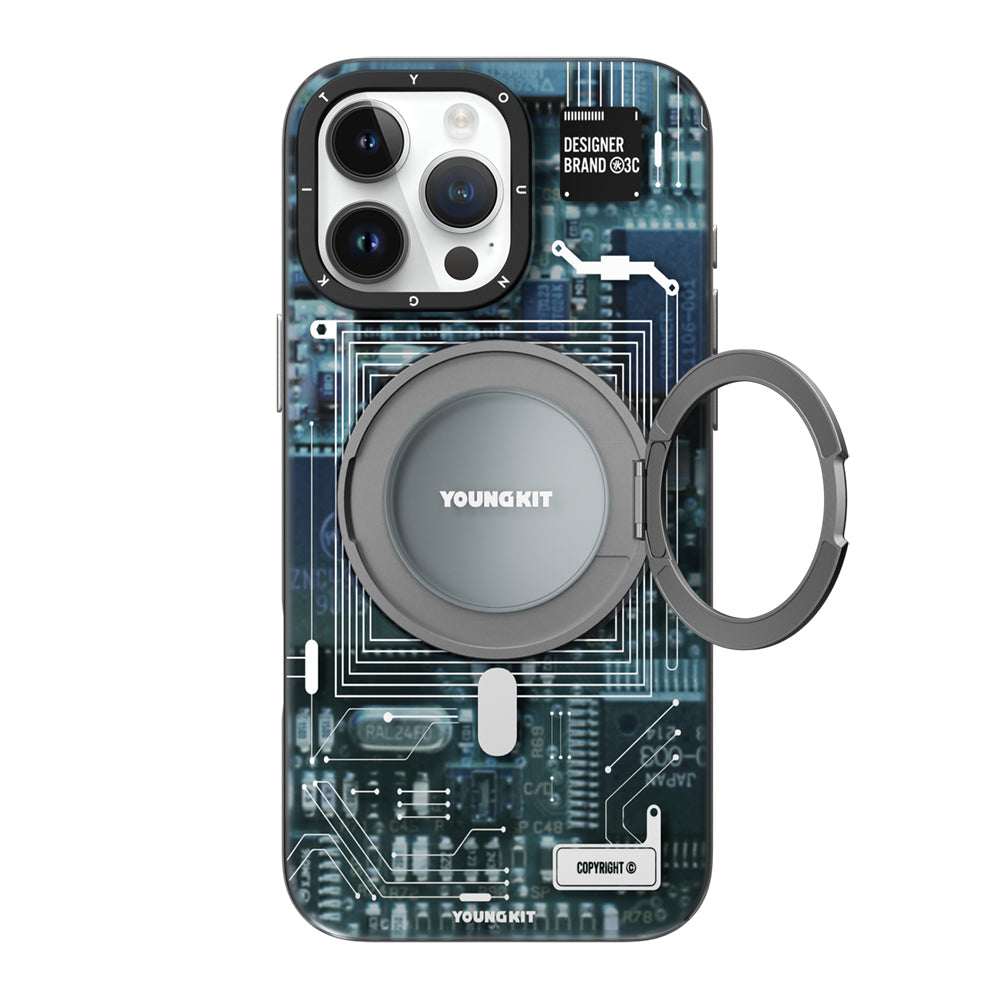 iPhone 14 Pro Kılıf Magsafe Şarj Özellikli Youngkit 360° Standlı Technology Serisi Kılıf Mavi