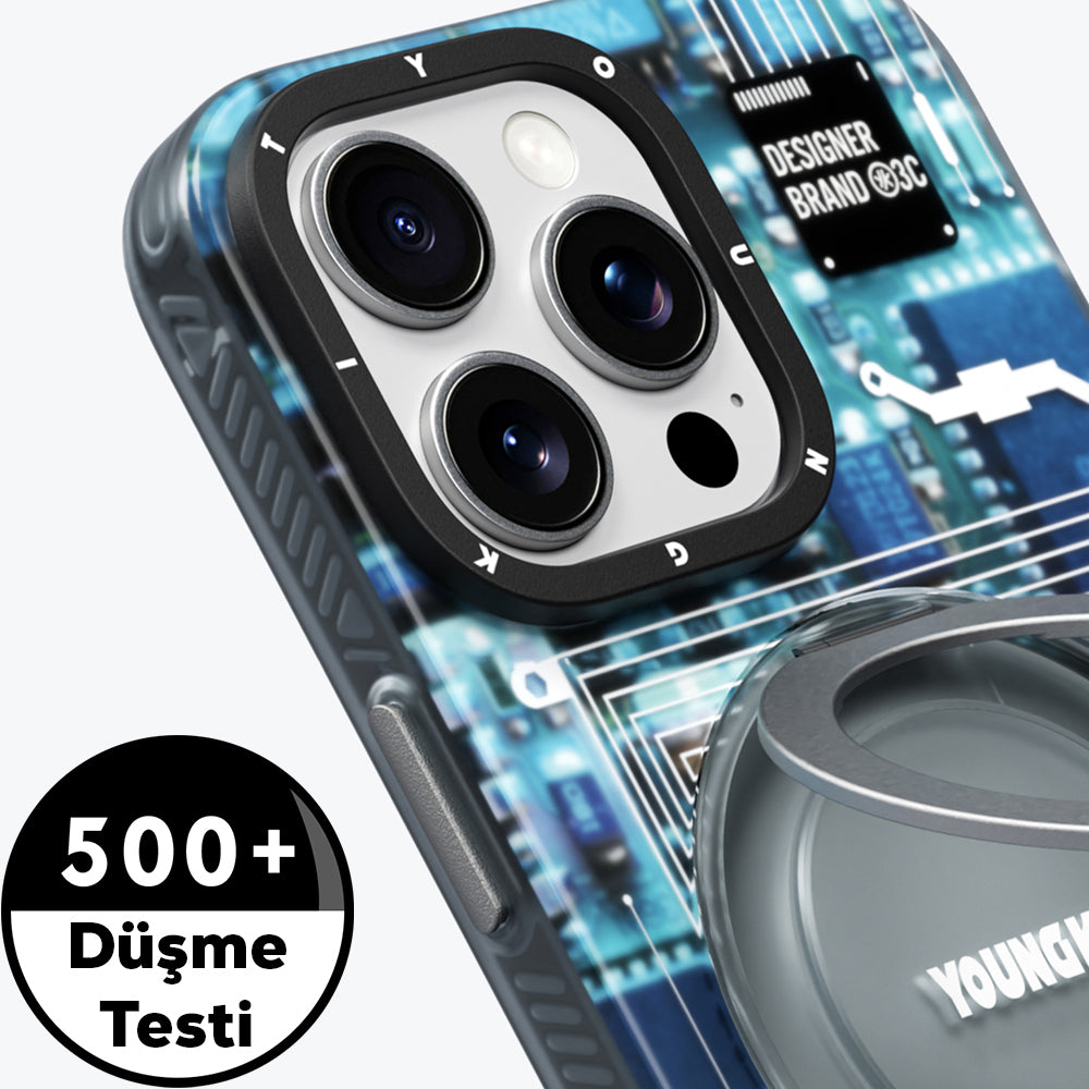 iPhone 14 Pro Kılıf Magsafe Şarj Özellikli Youngkit 360° Standlı Technology Serisi Kılıf Mavi