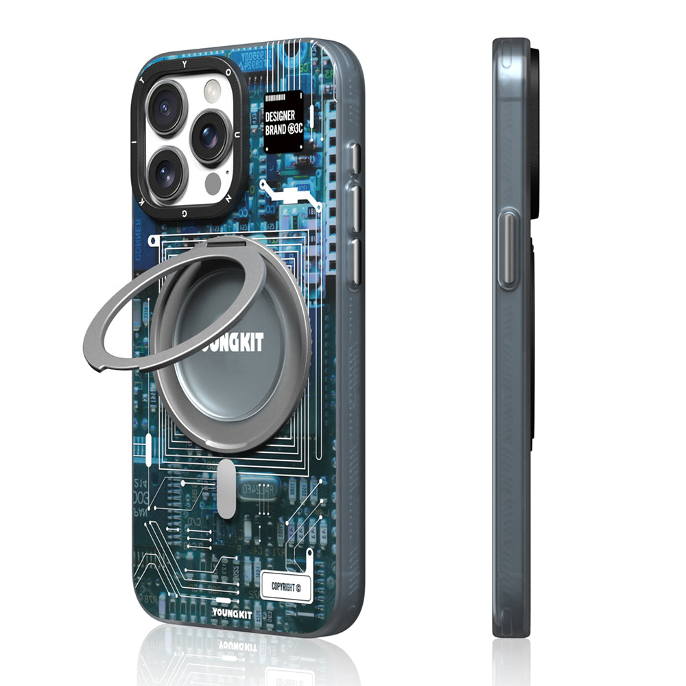 iPhone 14 Pro Kılıf Magsafe Şarj Özellikli Youngkit 360° Standlı Technology Serisi Kılıf Mavi
