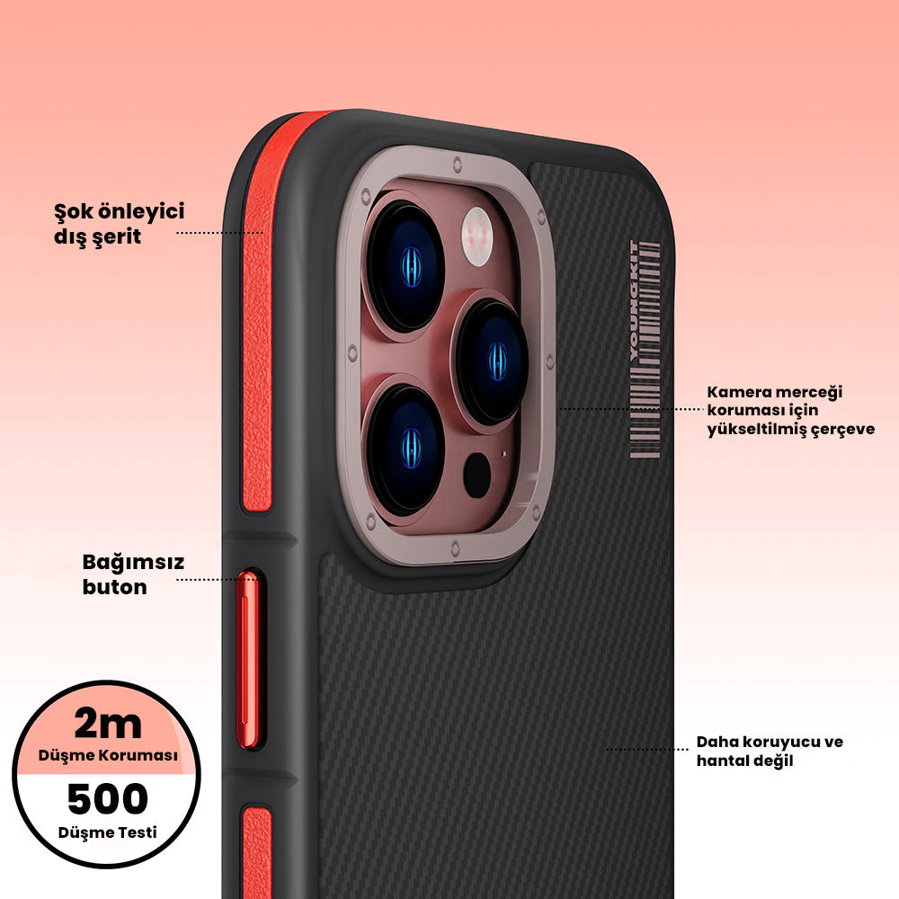 iPhone 14 Pro Kılıf Magsafe Şarj Özellikli YoungKit 600D Kevlar Kılıf Siyah