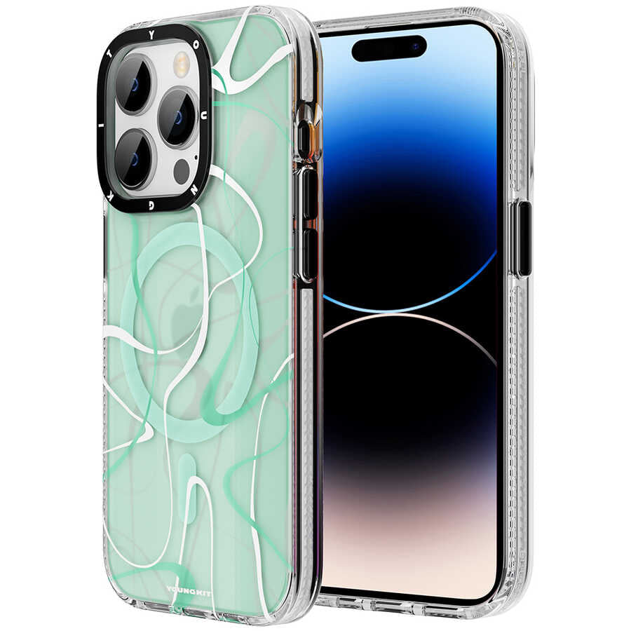 iPhone 14 Pro Kılıf Magsafe Şarj Özellikli Youngkit Water-Ink Serisi Kılıf Yeşil