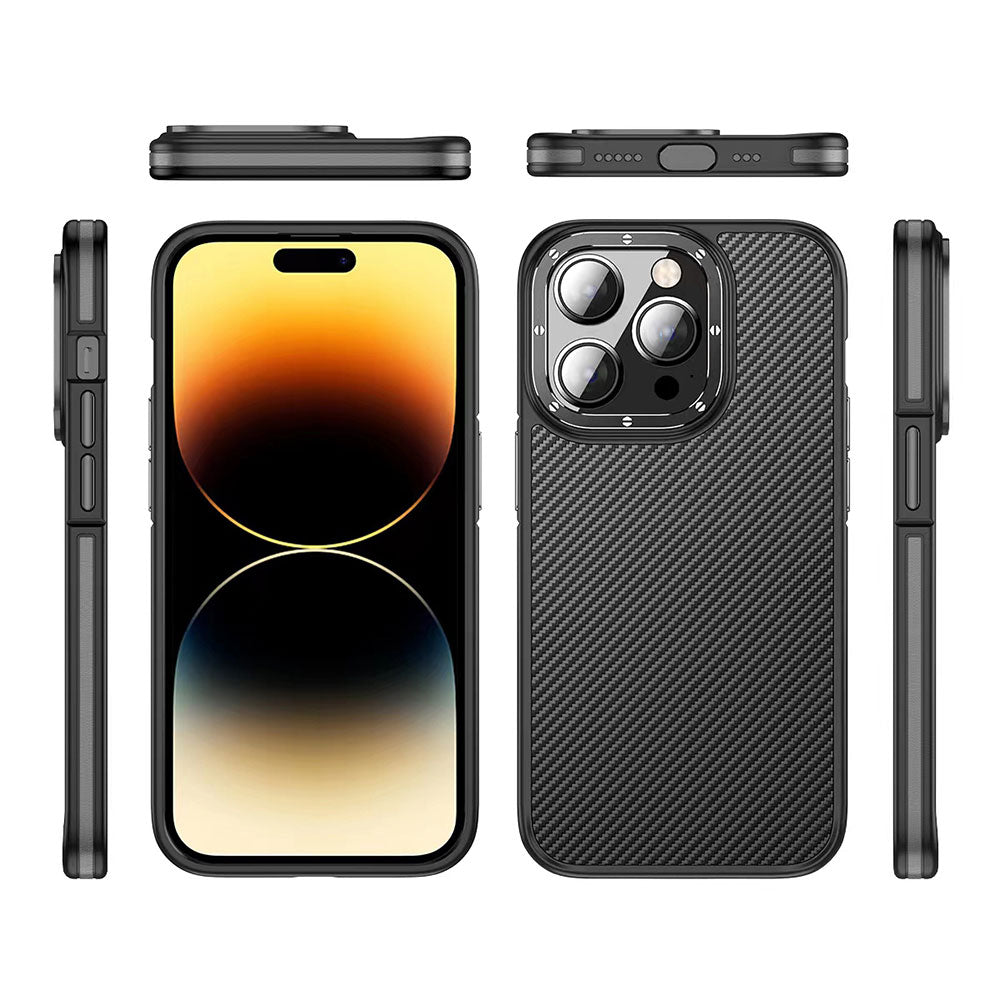 iPhone 14 Pro Kılıf Mat Transparan Karbon Fiber Görünümlü Wlons Marin Kılıf Siyah
