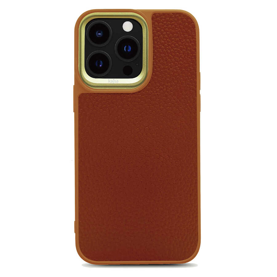 iPhone 14 Pro Kılıf Soft Deri Metal Kamera Çerçeveli Kajsa Litchi Kılıf Kahverengi