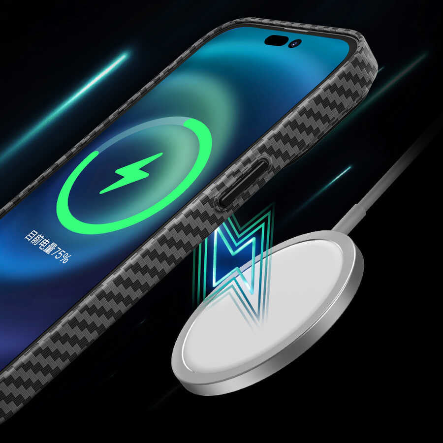 iPhone 14 Pro Kılıf Wiwu Karbon Fiber Görünümlü Magsafe Wireless Şarj Özellikli Kabon Kılıf Mavi