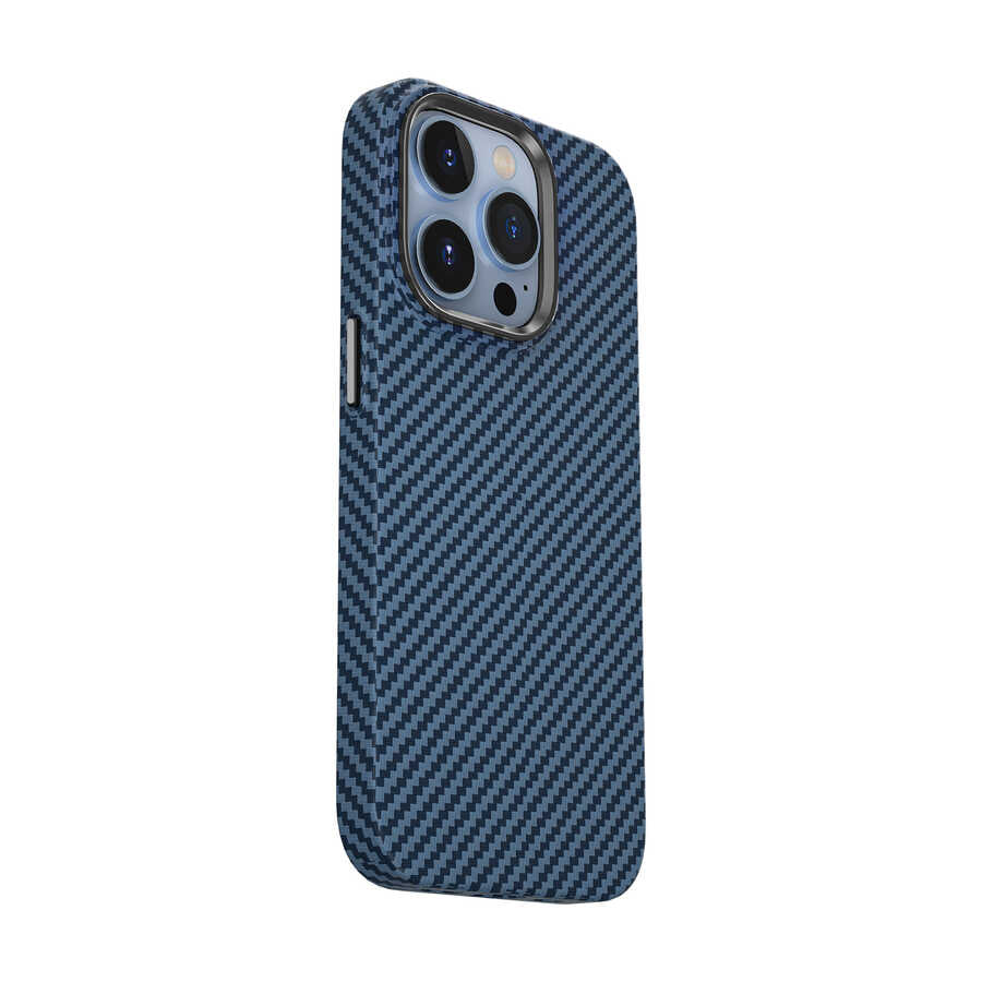 iPhone 14 Pro Kılıf Wiwu Karbon Fiber Görünümlü Magsafe Wireless Şarj Özellikli Kabon Kılıf Mavi