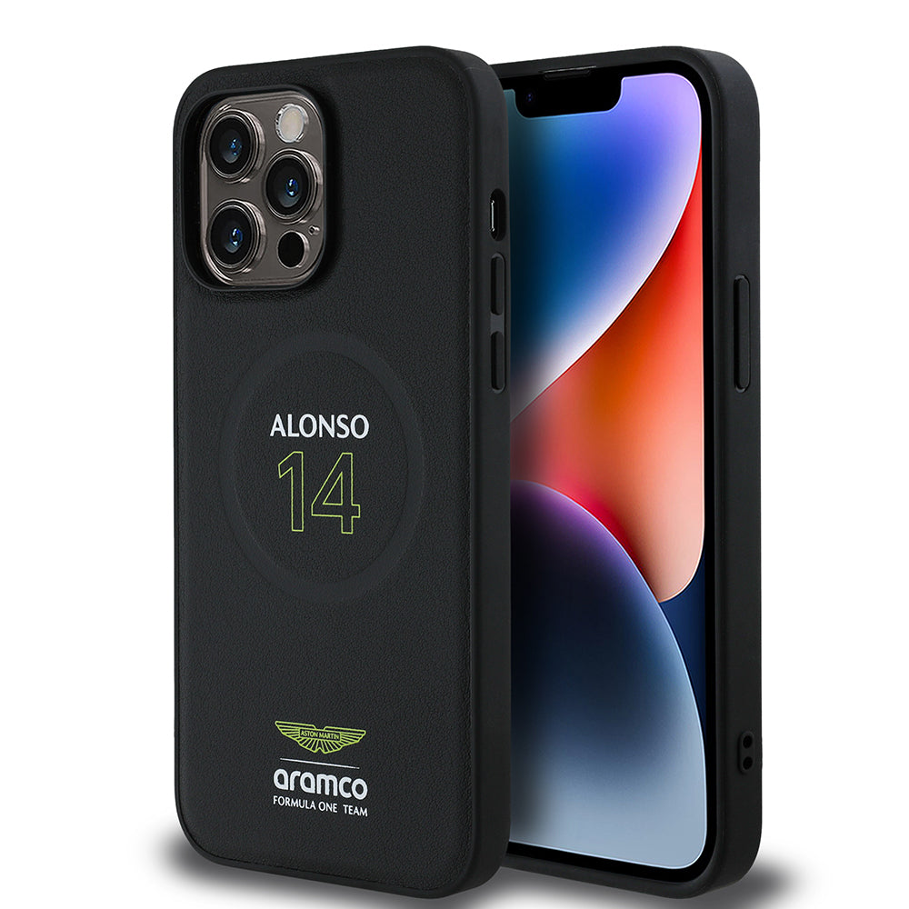 Apple iPhone 14 Pro Max Kılıf Aston Martin Orjinal Lisanslı Magsafe Şarj Özellikli PU Deri Alonso 14 Baskılı Kapak Siyah