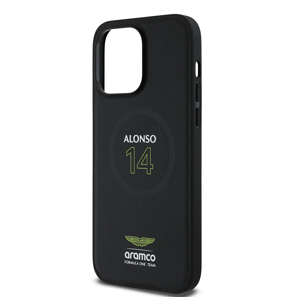 Apple iPhone 14 Pro Max Kılıf Aston Martin Orjinal Lisanslı Magsafe Şarj Özellikli PU Deri Alonso 14 Baskılı Kapak Siyah