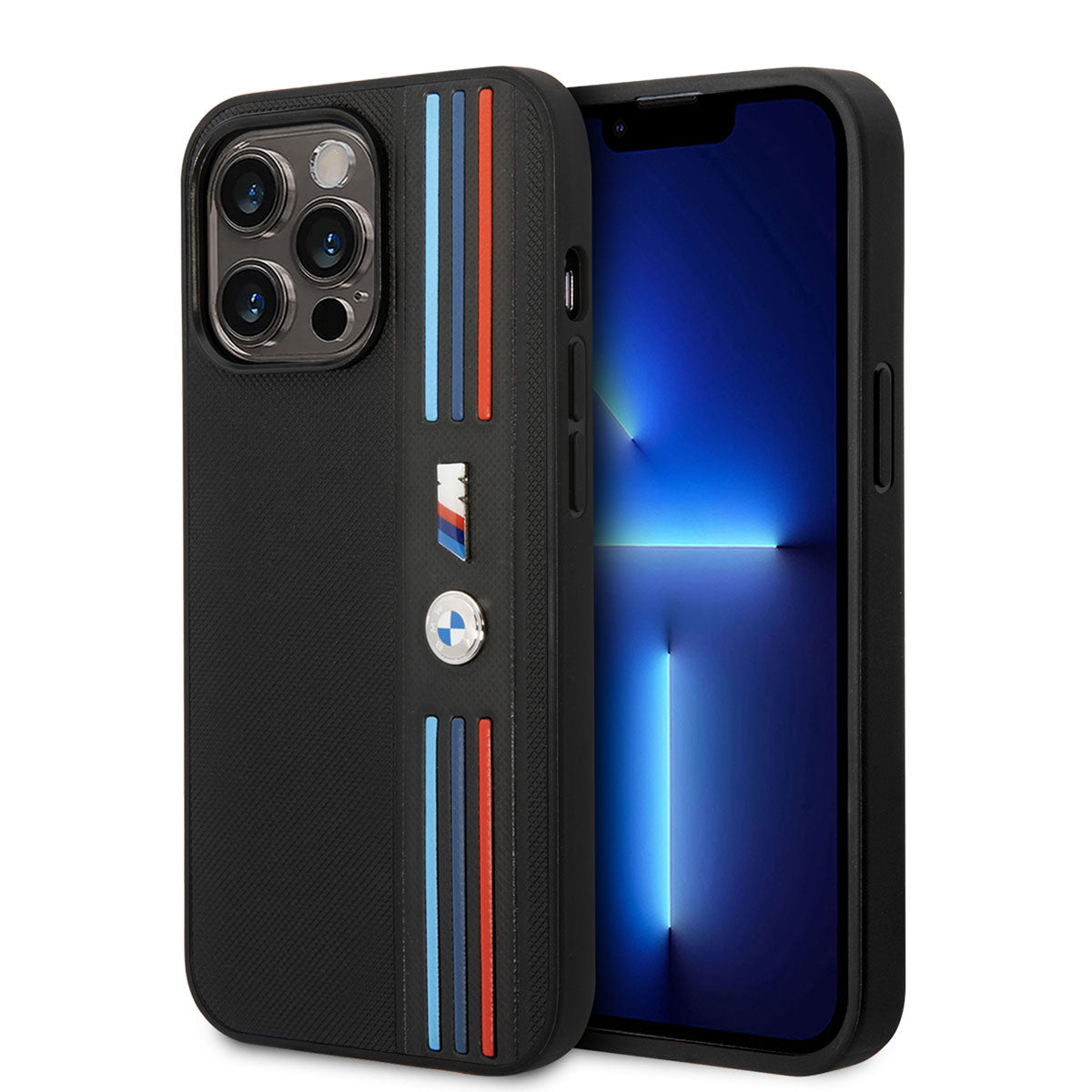 iPhone 14 Pro Max Kılıf BMW PU Deri 3 Renkli Çizgili Örgü Dizayn Kılıf Siyah