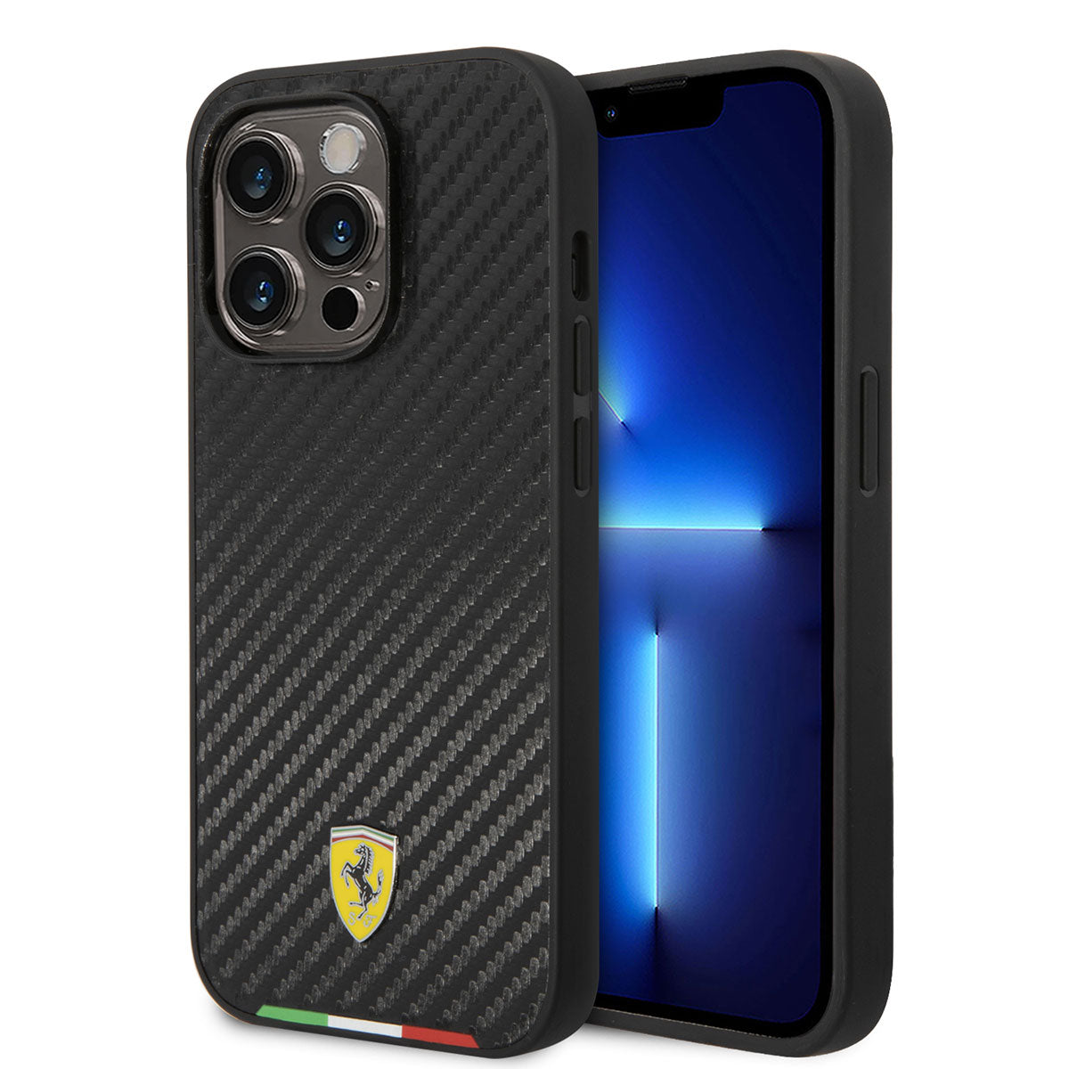 iPhone 14 Pro Max Kılıf Ferrari Magsafe Şarj Özellikli Karbon İtalyan Bayrak Dizayn Kılıf Siyah