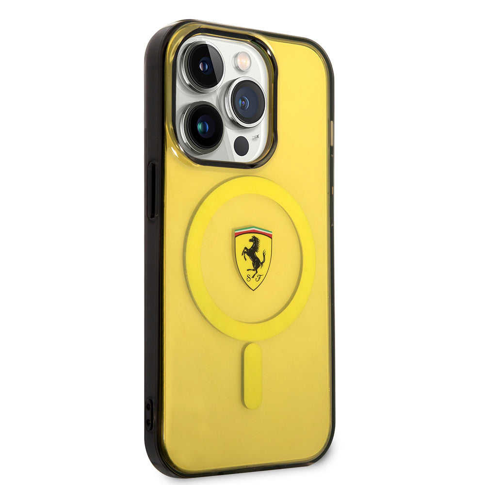 iPhone 14 Pro Max Kılıf Ferrari Magsafe Şarj Özellikli Yarı Transparan Dizayn Kılıf Sarı