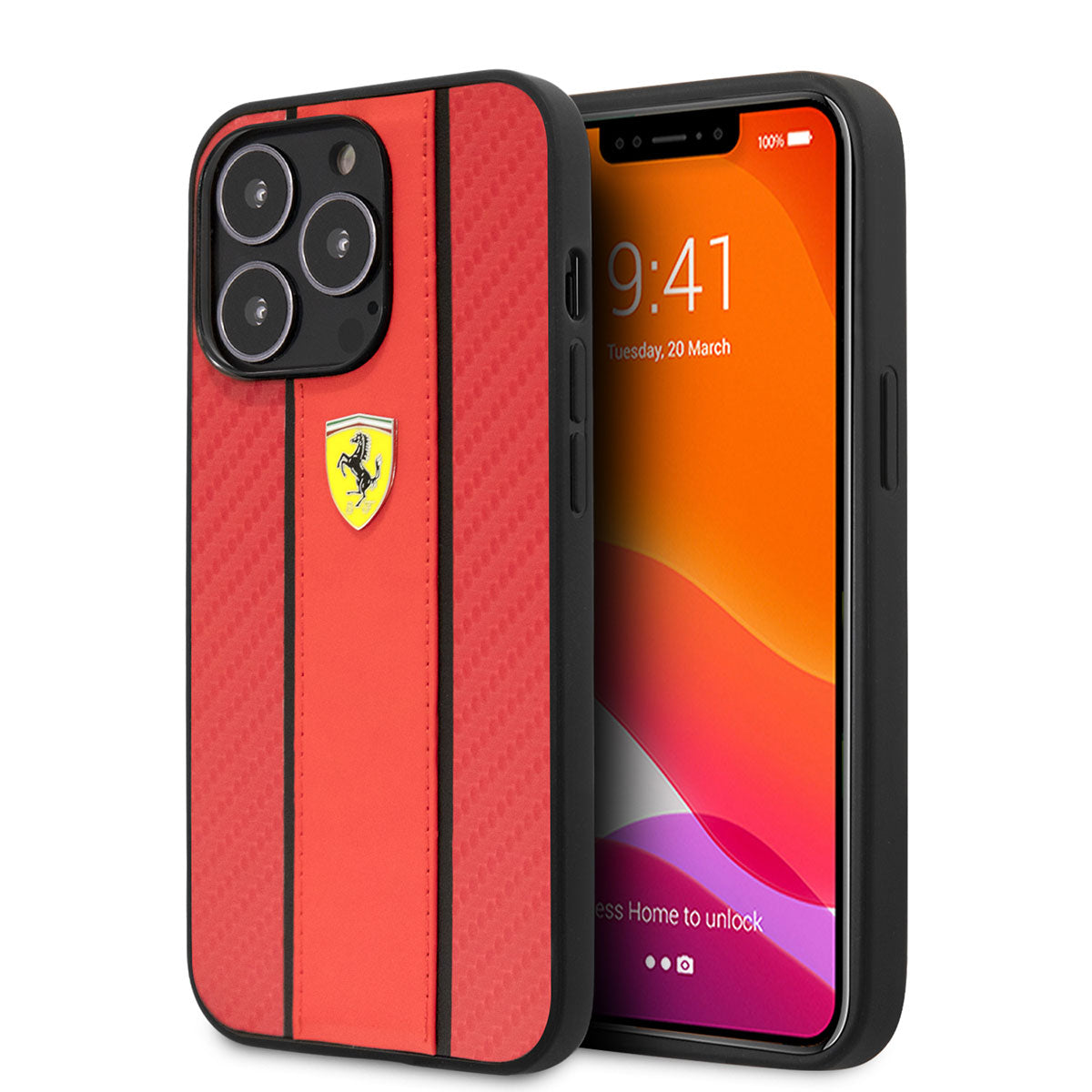 iPhone 14 Pro Max Kılıf Ferrari PU Deri Ve Karbon Dizayn Kılıf Kırmızı