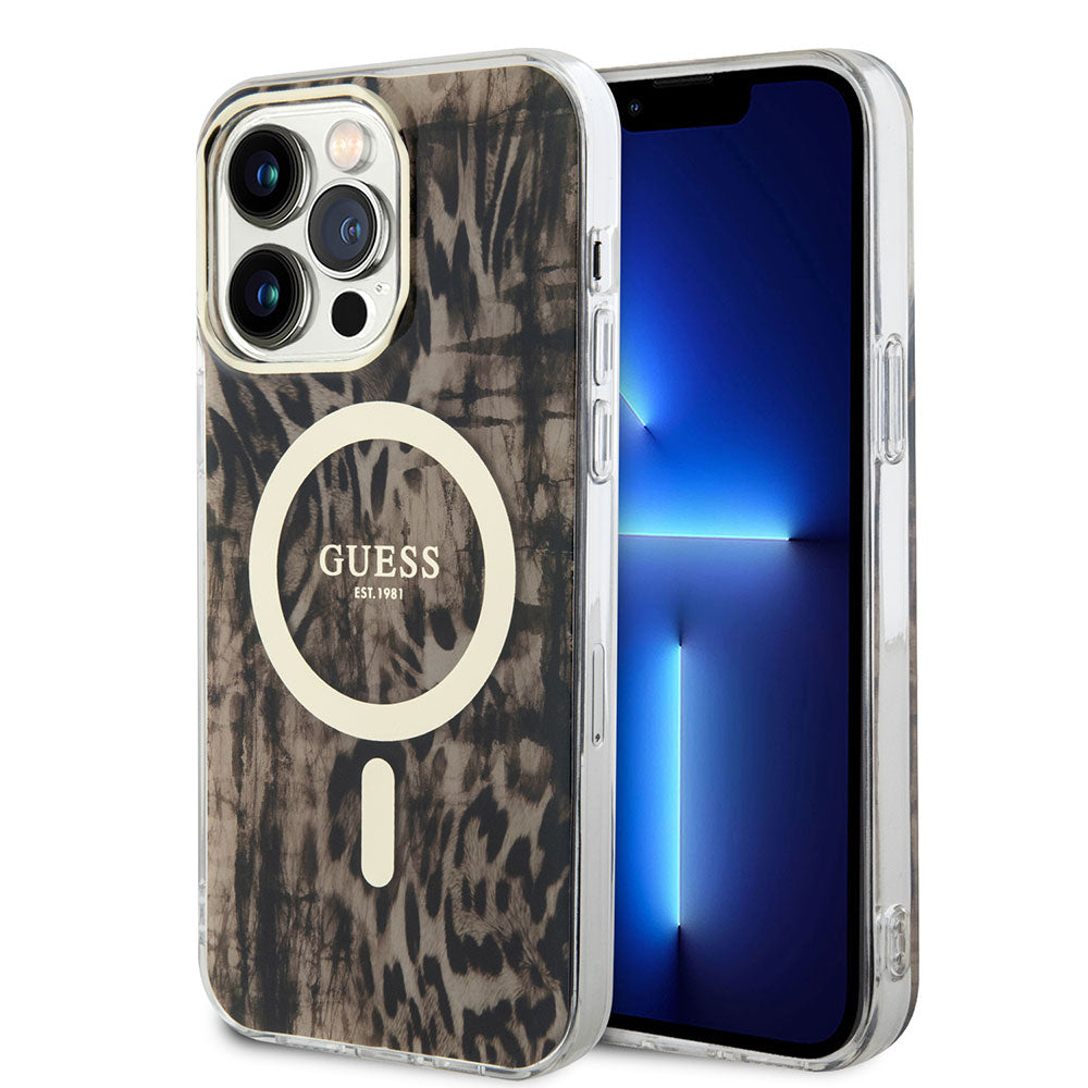 Apple iPhone 14 Pro Max Kılıf GUESS Magsafe Şarj Özellikli Leopar Desenli Kapak Pembe