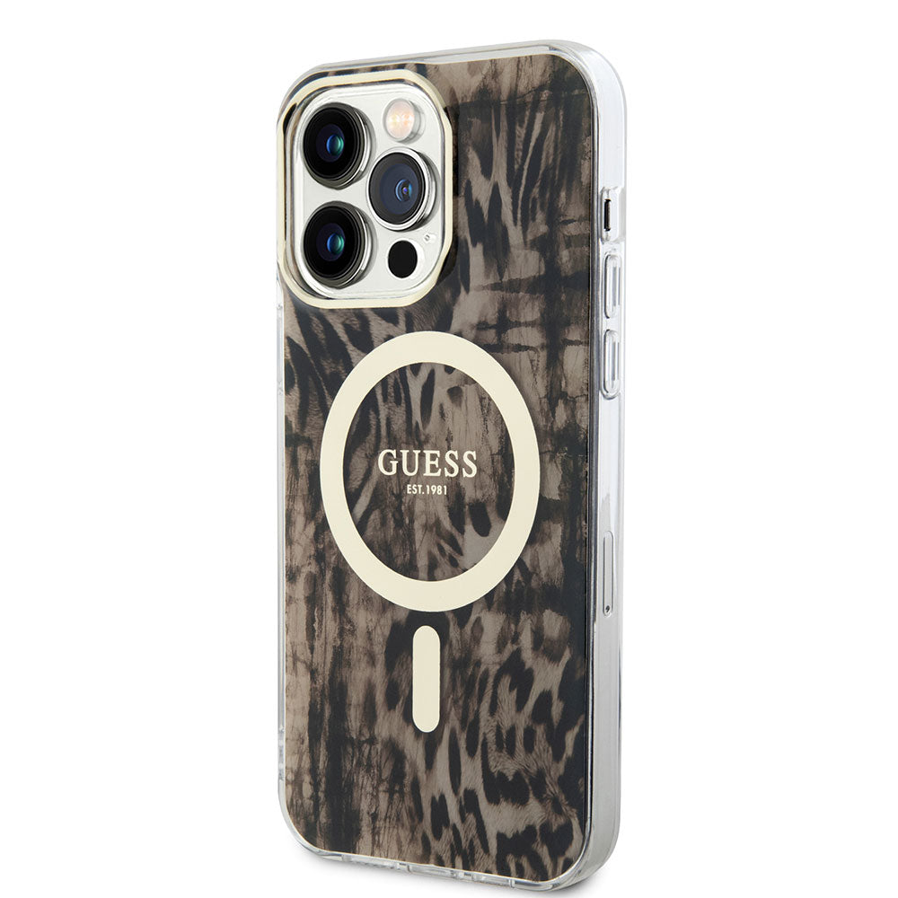 Apple iPhone 14 Pro Max Kılıf GUESS Magsafe Şarj Özellikli Leopar Desenli Kapak Pembe