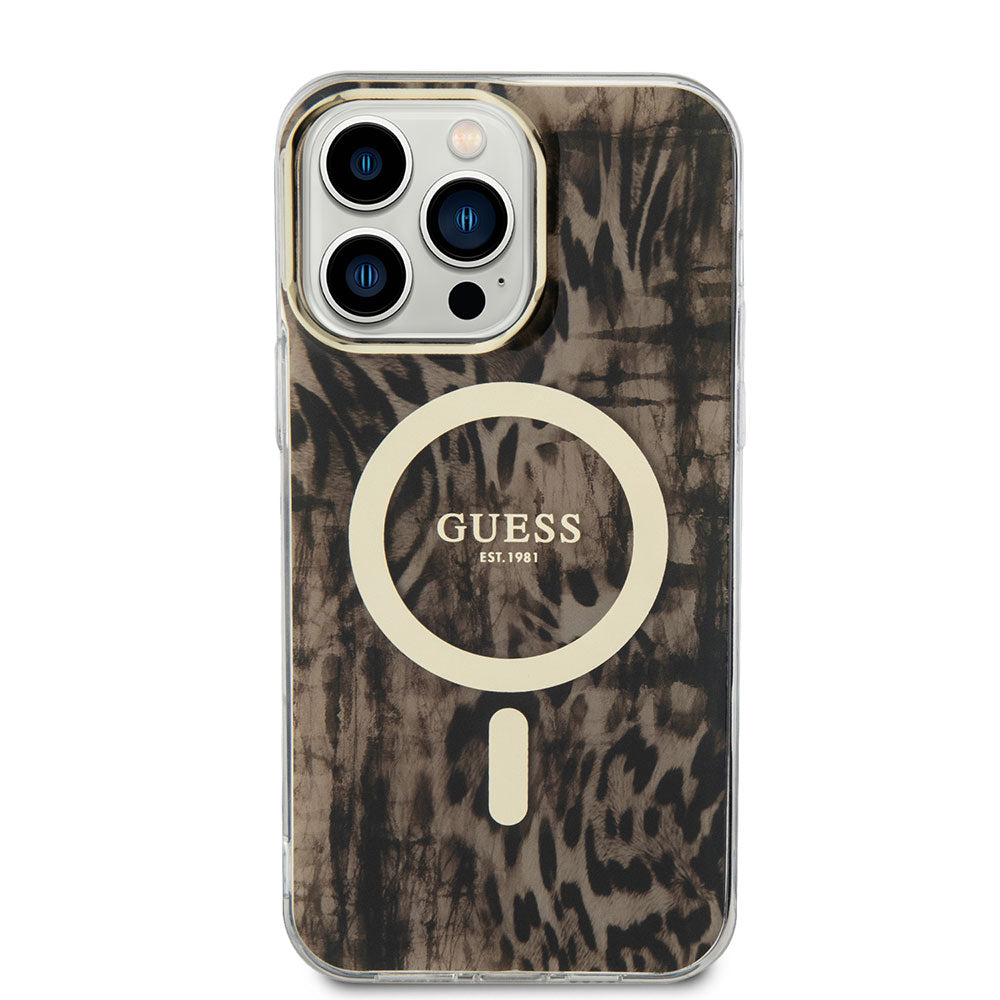 Apple iPhone 14 Pro Max Kılıf GUESS Magsafe Şarj Özellikli Leopar Desenli Kapak Mavi