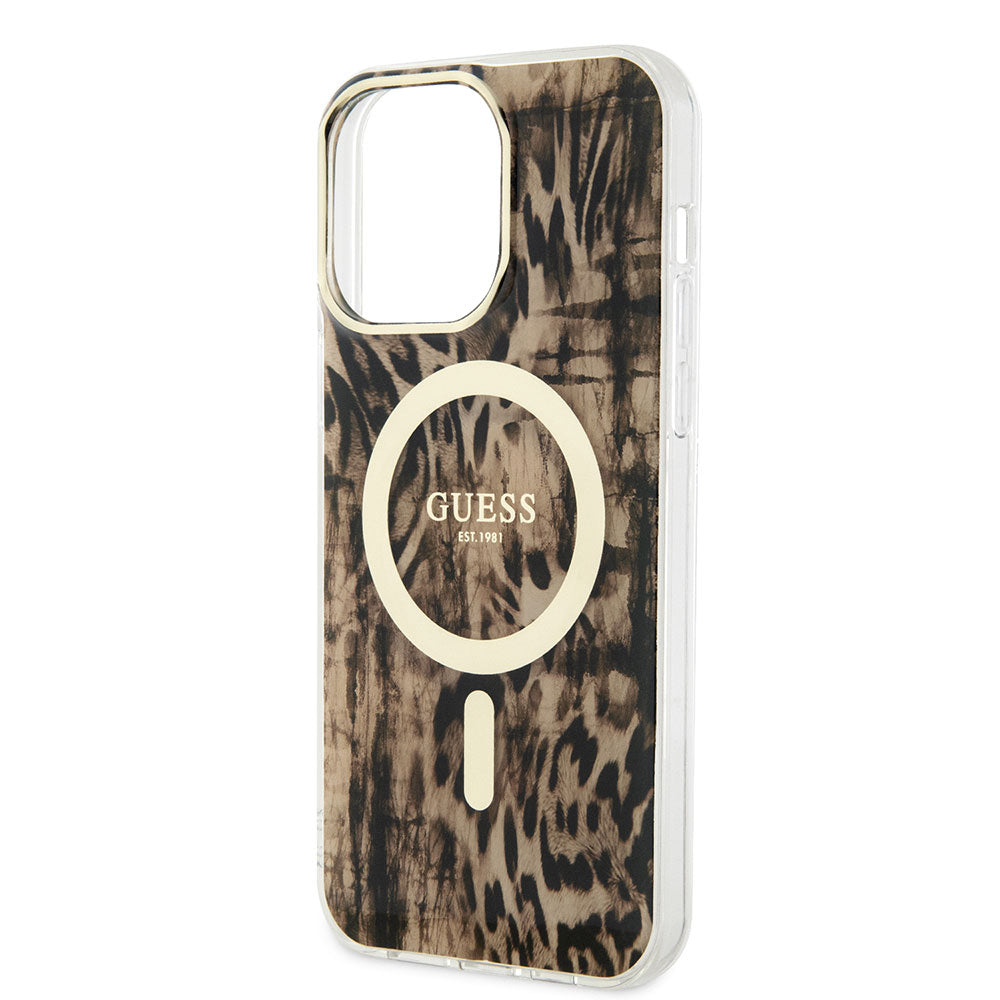 Apple iPhone 14 Pro Max Kılıf GUESS Magsafe Şarj Özellikli Leopar Desenli Kapak Pembe