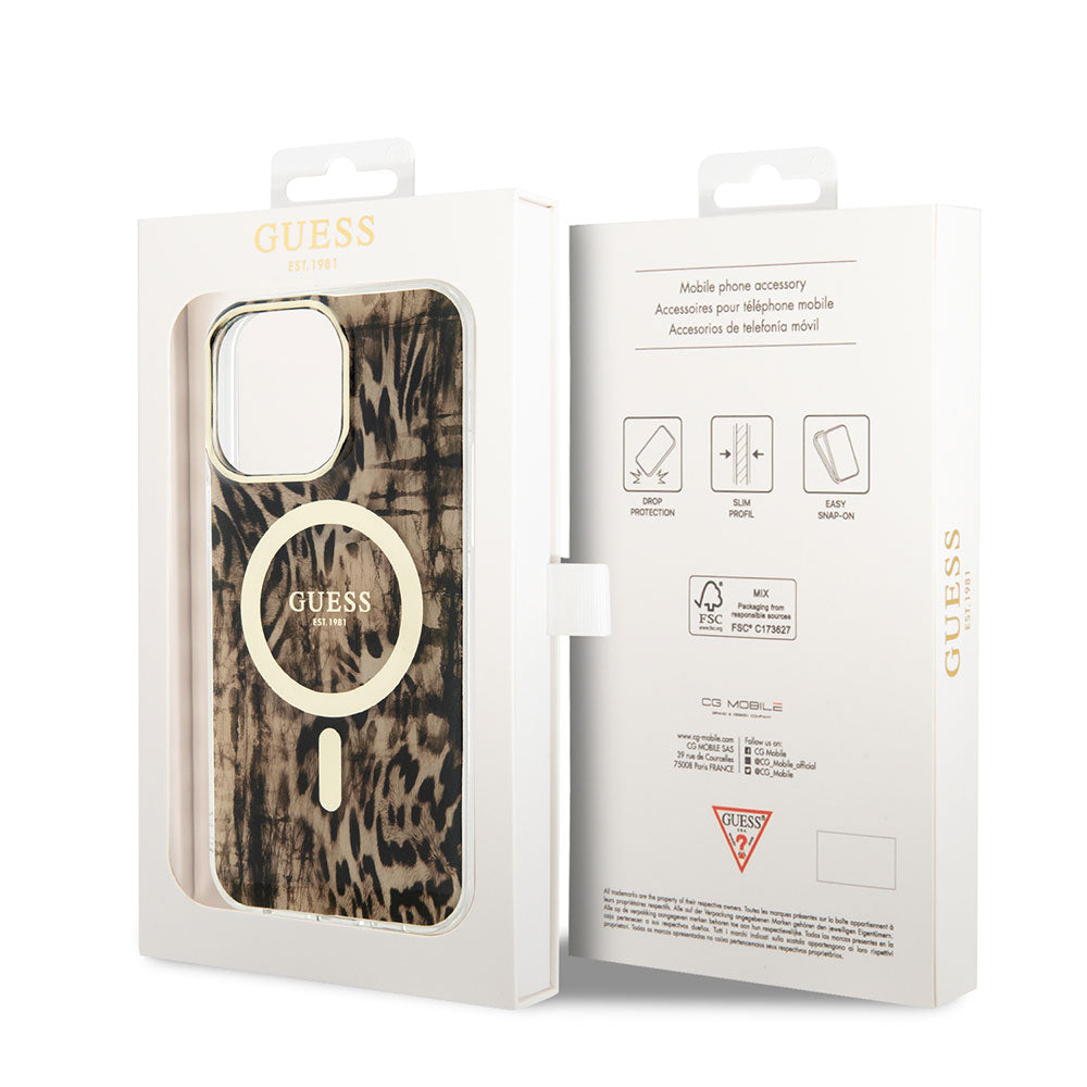 Apple iPhone 14 Pro Max Kılıf GUESS Magsafe Şarj Özellikli Leopar Desenli Kapak Mavi