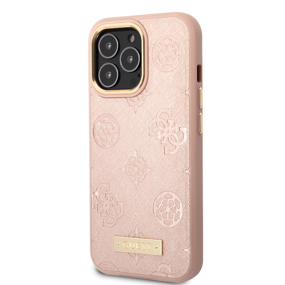 Apple iPhone 14 Pro Max Kılıf GUESS Magsafe Şarj Özellikli PU Deri Metal Logolu Kapak Pembe