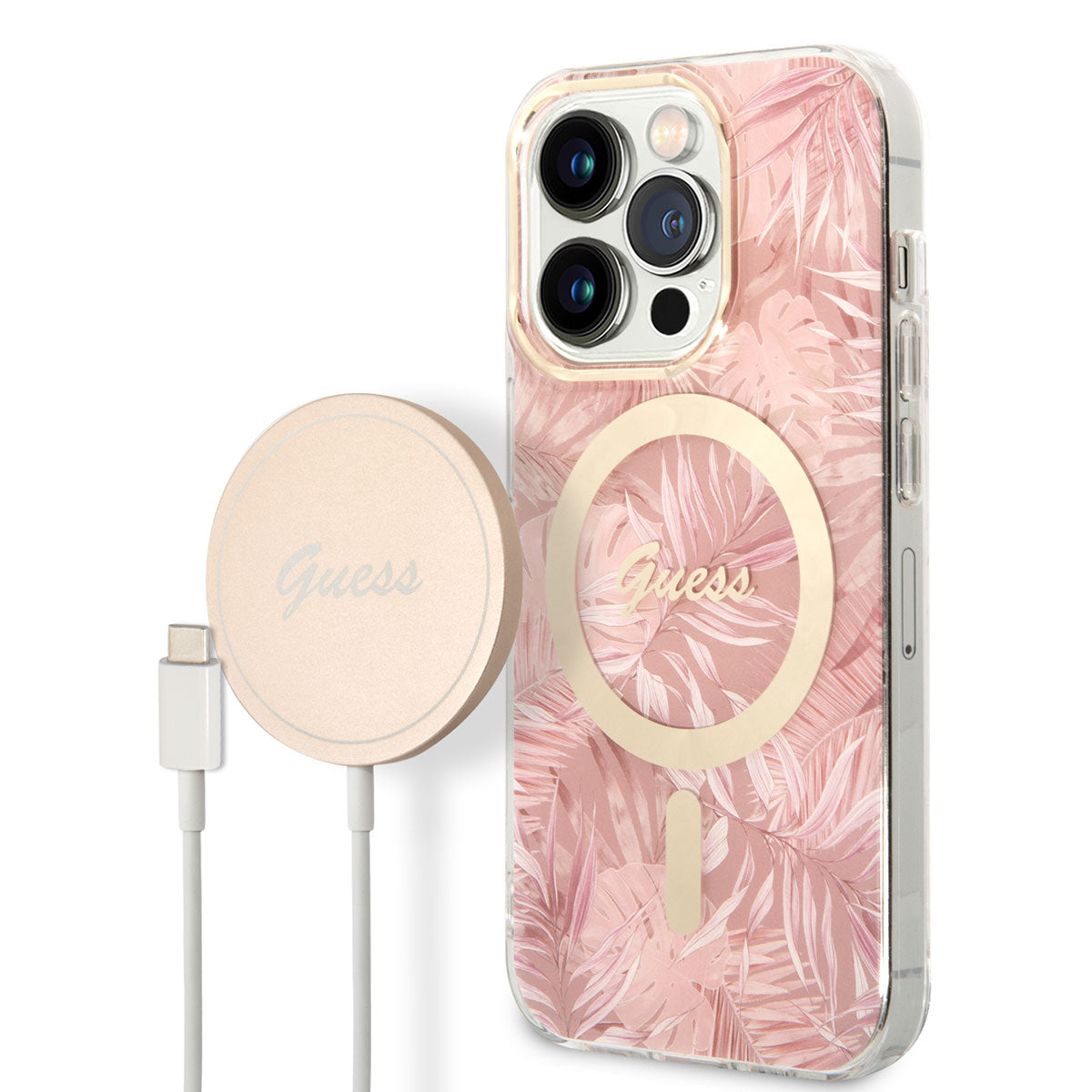 Apple iPhone 14 Pro Max Kılıf GUESS Magsafe Şarj Özellikli Yaprak Desenli Magsafe Şarj Kablolu Kapak Pembe