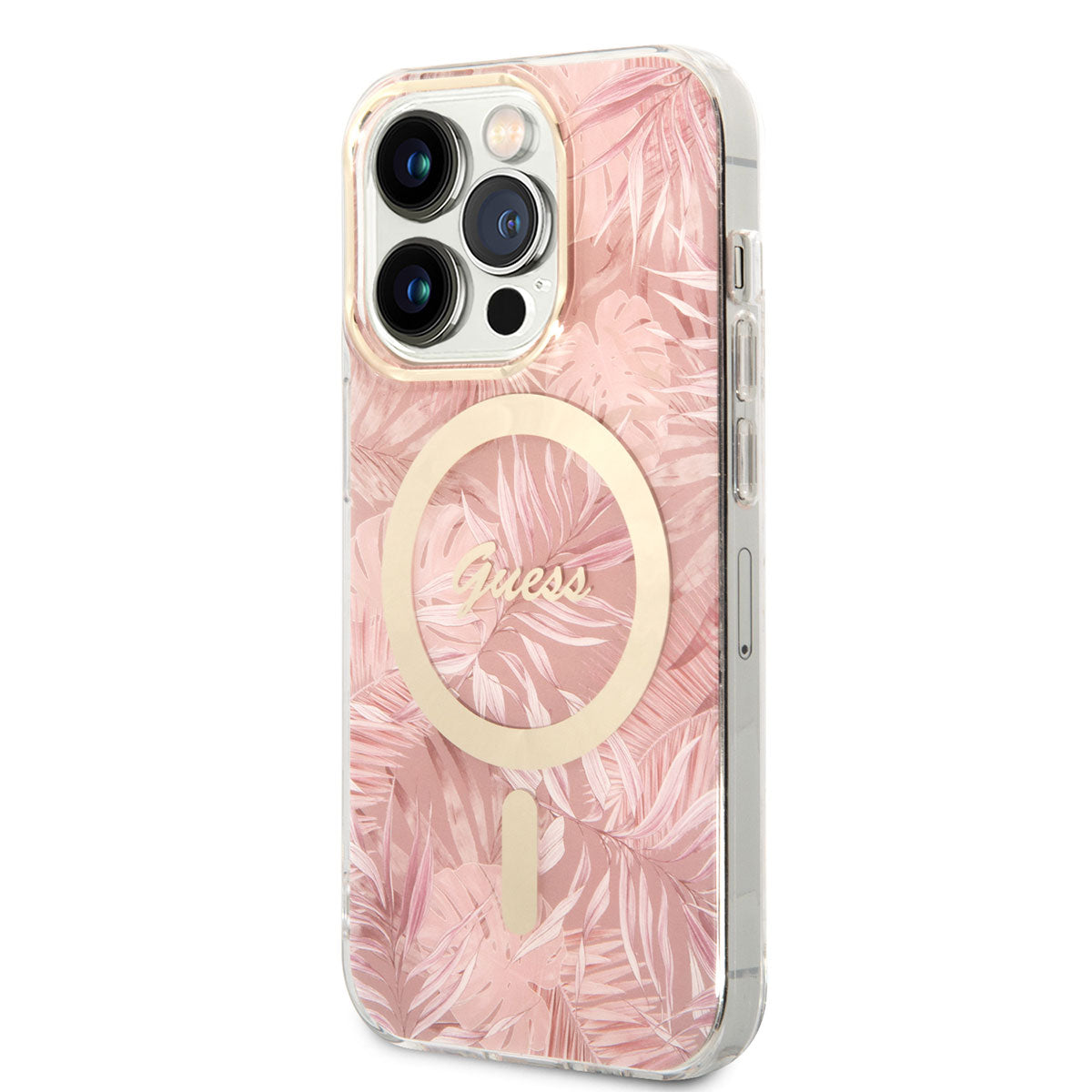 Apple iPhone 14 Pro Max Kılıf GUESS Magsafe Şarj Özellikli Yaprak Desenli Magsafe Şarj Kablolu Kapak Pembe