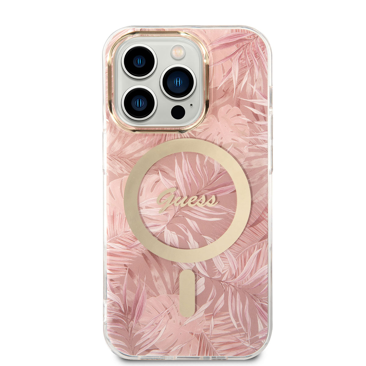 Apple iPhone 14 Pro Max Kılıf GUESS Magsafe Şarj Özellikli Yaprak Desenli Magsafe Şarj Kablolu Kapak Pembe