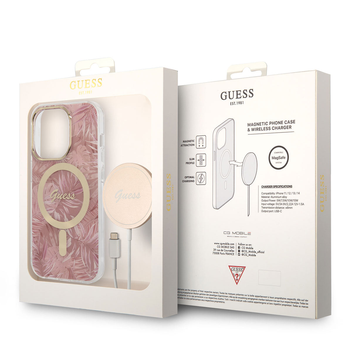 Apple iPhone 14 Pro Max Kılıf GUESS Magsafe Şarj Özellikli Yaprak Desenli Magsafe Şarj Kablolu Kapak Pembe