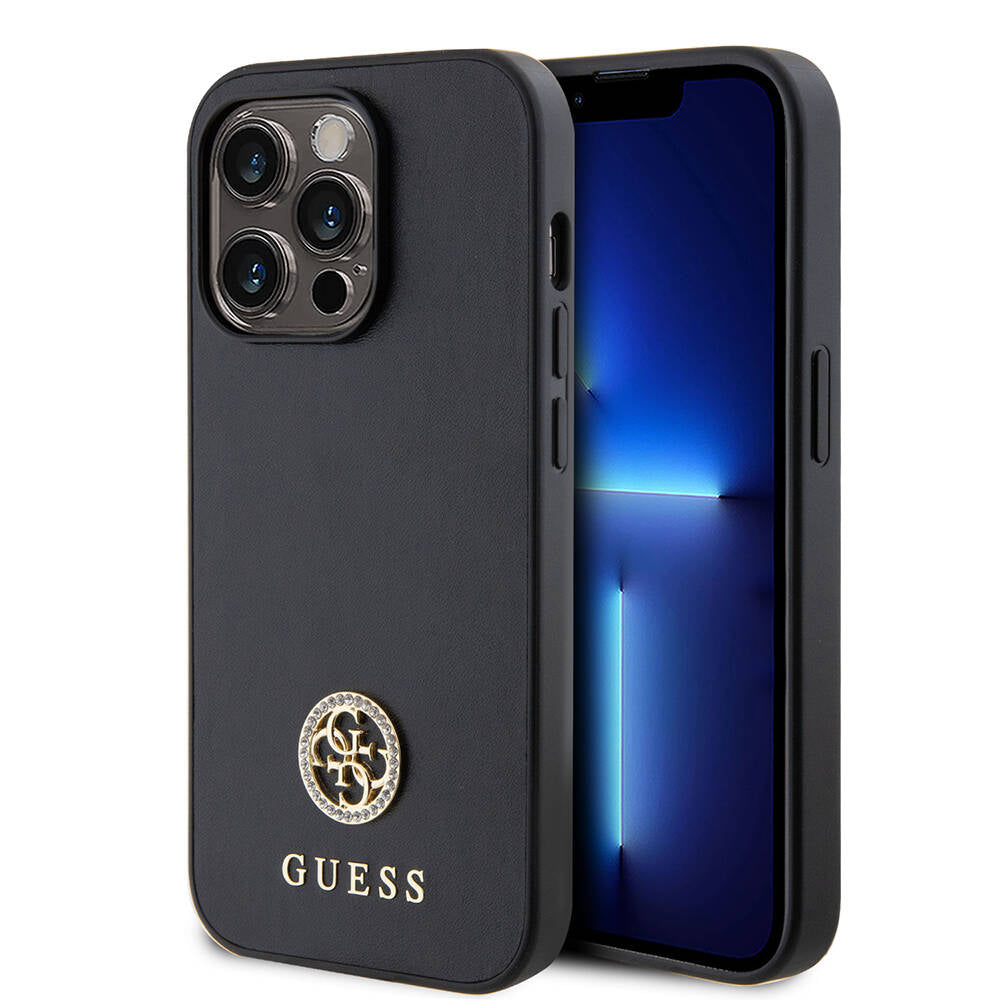 Apple iPhone 14 Pro Max Kılıf Guess Orjinal Lisanslı Deri 4G Metal Logo Strass Kapak Siyah