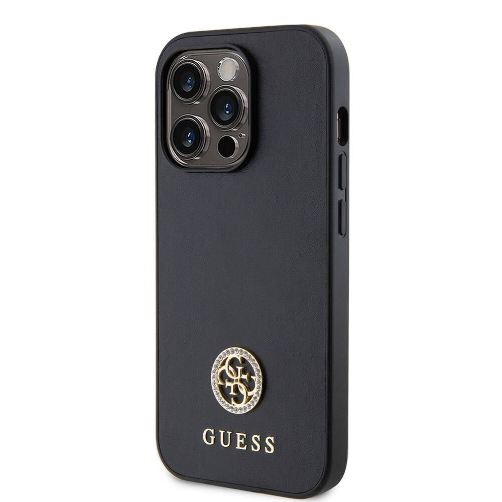 Apple iPhone 14 Pro Max Kılıf Guess Orjinal Lisanslı Deri 4G Metal Logo Strass Kapak Siyah