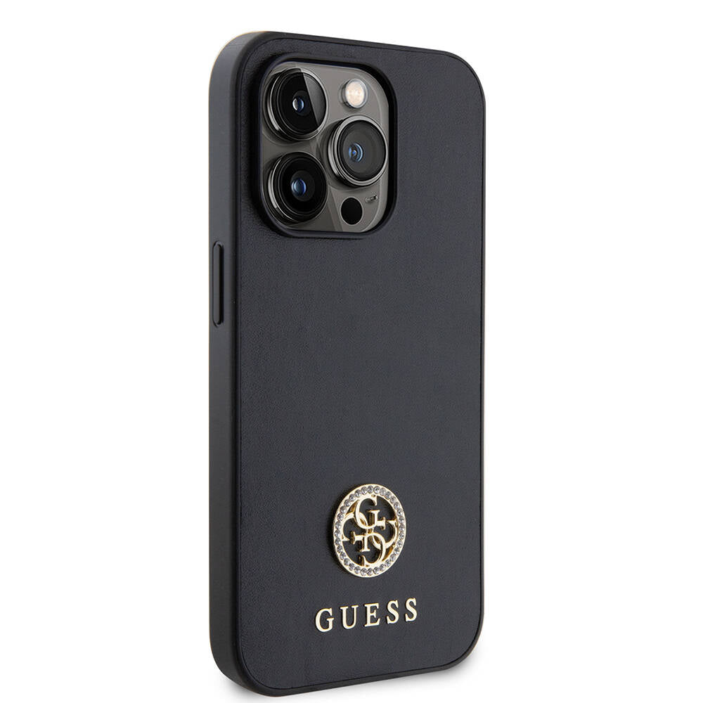 Apple iPhone 14 Pro Max Kılıf Guess Orjinal Lisanslı Deri 4G Metal Logo Strass Kapak Siyah