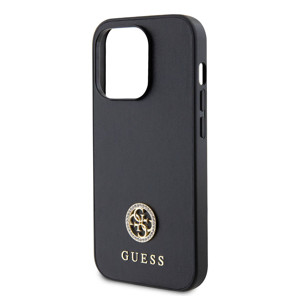 Apple iPhone 14 Pro Max Kılıf Guess Orjinal Lisanslı Deri 4G Metal Logo Strass Kapak Siyah