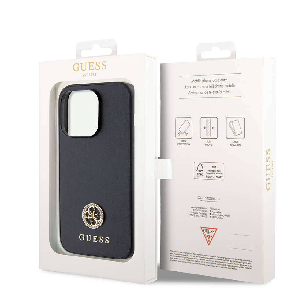 Apple iPhone 14 Pro Max Kılıf Guess Orjinal Lisanslı Deri 4G Metal Logo Strass Kapak Siyah