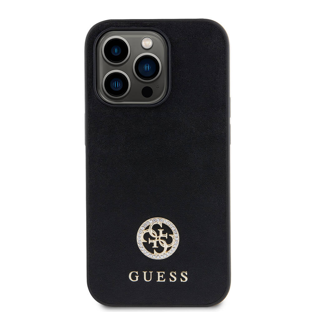 Apple iPhone 14 Pro Max Kılıf Guess Orjinal Lisanslı Deri 4G Metal Logo Strass Kapak Siyah
