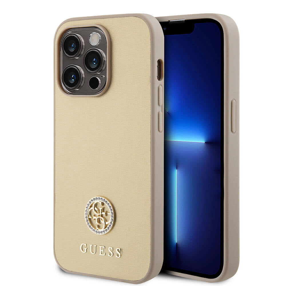 Apple iPhone 14 Pro Max Kılıf Guess Orjinal Lisanslı Deri 4G Metal Logo Strass Kapak Siyah
