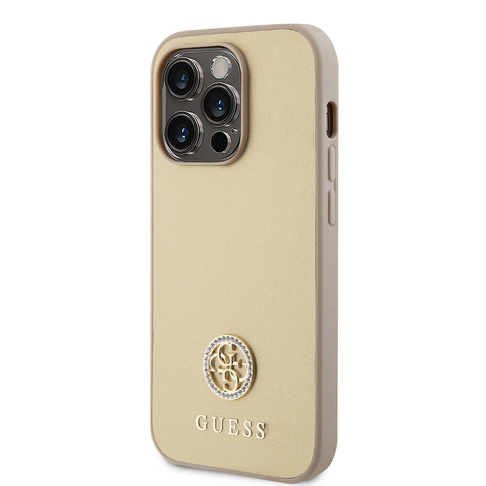Apple iPhone 14 Pro Max Kılıf Guess Orjinal Lisanslı Deri 4G Metal Logo Strass Kapak Siyah
