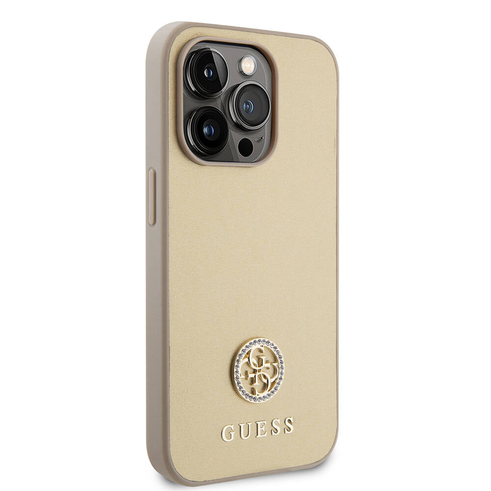Apple iPhone 14 Pro Max Kılıf Guess Orjinal Lisanslı Deri 4G Metal Logo Strass Kapak Siyah
