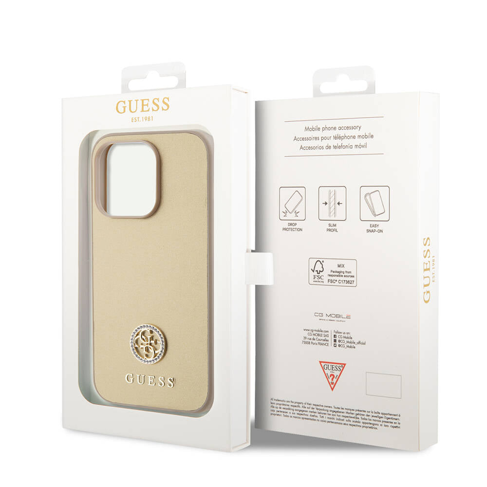 Apple iPhone 14 Pro Max Kılıf Guess Orjinal Lisanslı Deri 4G Metal Logo Strass Kapak Siyah