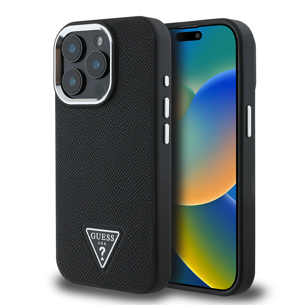 Apple iPhone 14 Pro Max Kılıf Guess Orjinal Lisanslı M-safe Şarj Özellikli Grained Triangle Kapak Kahverengi