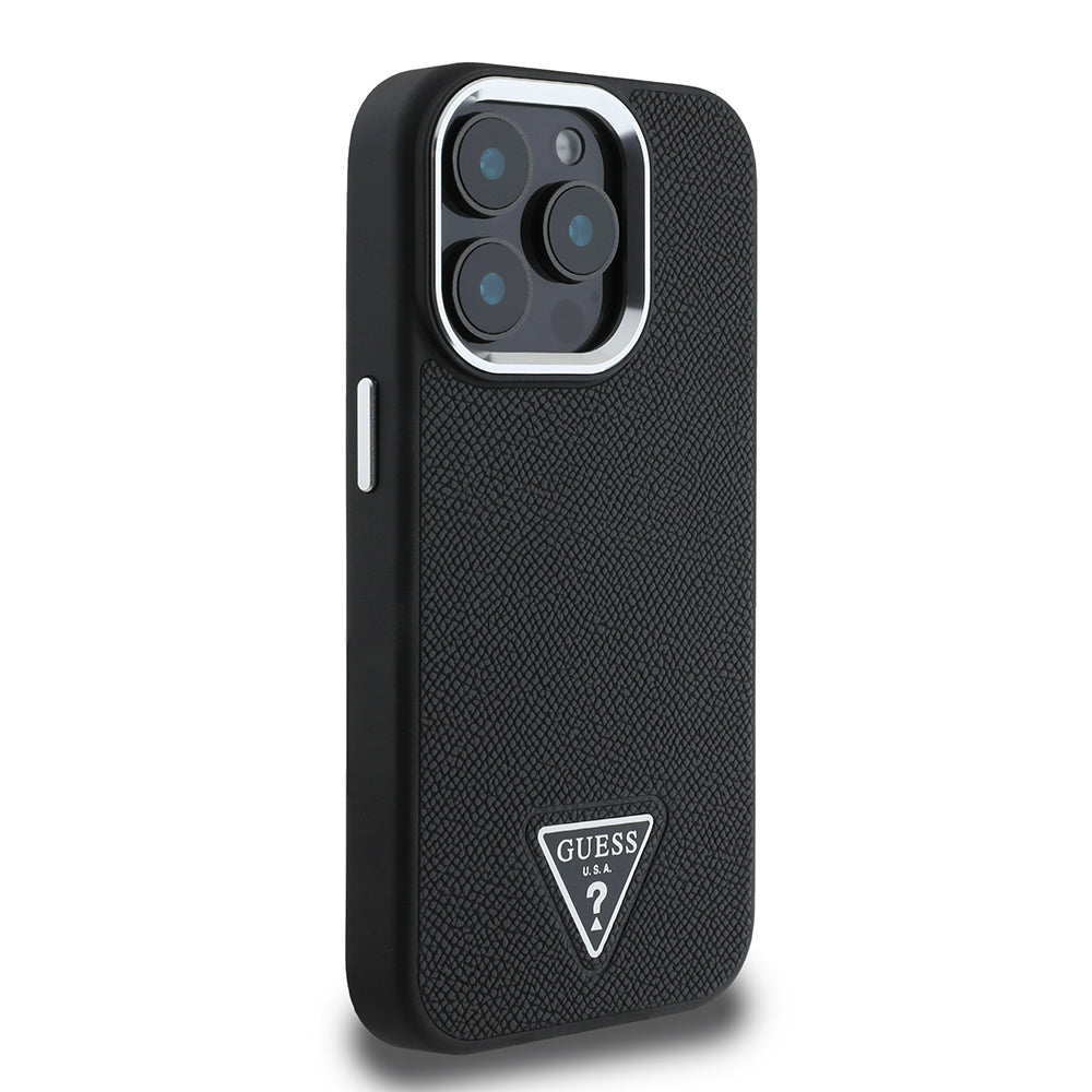 Apple iPhone 14 Pro Max Kılıf Guess Orjinal Lisanslı M-safe Şarj Özellikli Grained Triangle Kapak Kahverengi