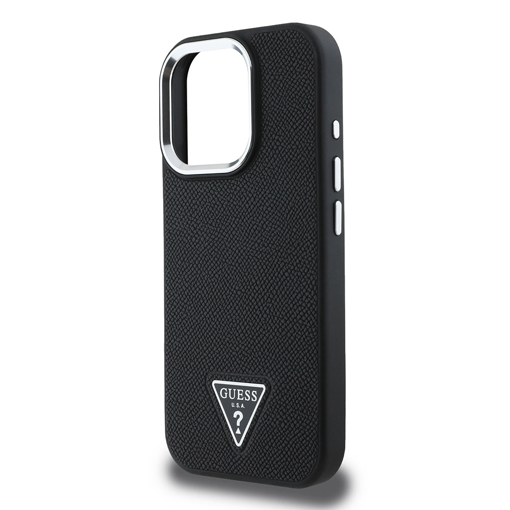 Apple iPhone 14 Pro Max Kılıf Guess Orjinal Lisanslı M-safe Şarj Özellikli Grained Triangle Kapak Kahverengi