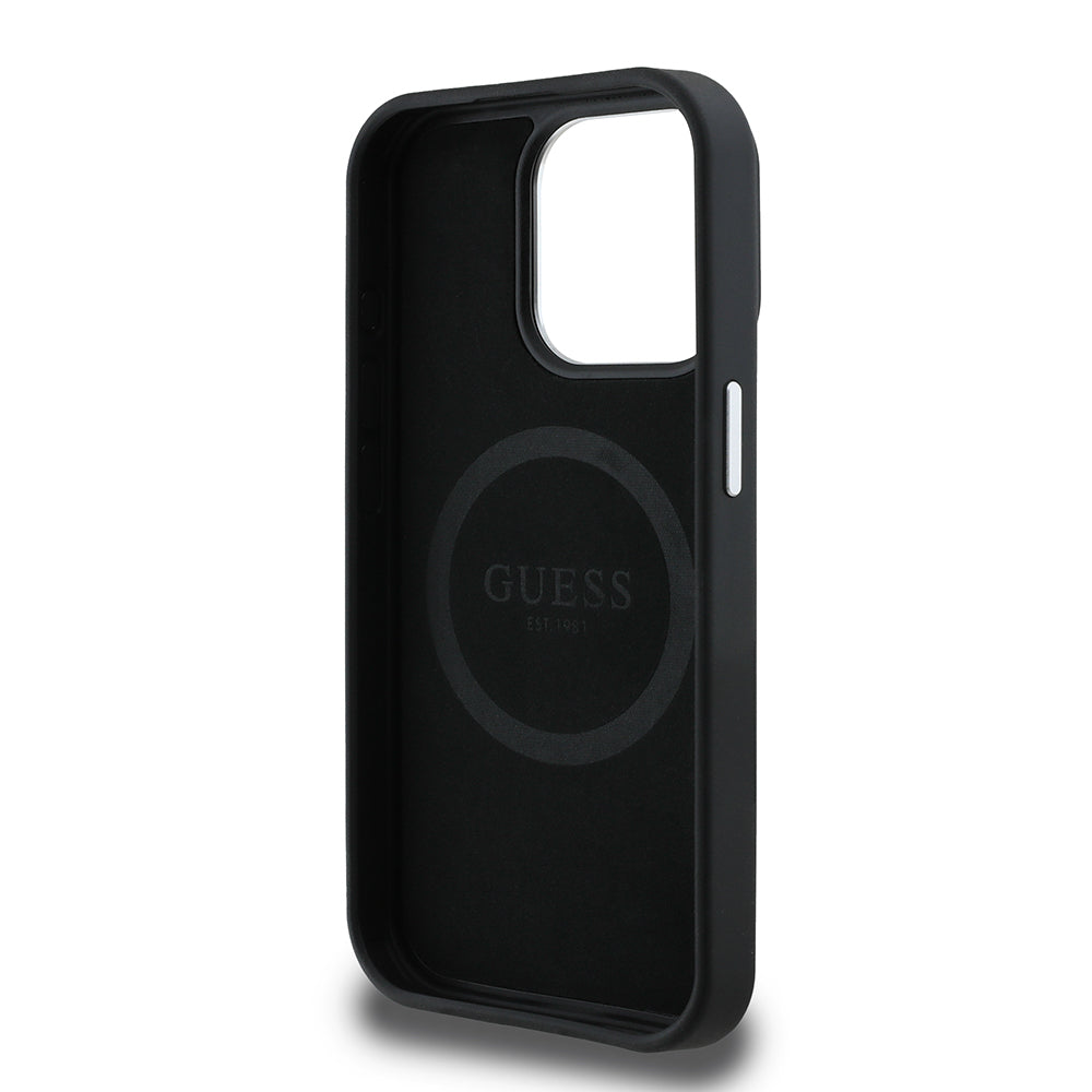 Apple iPhone 14 Pro Max Kılıf Guess Orjinal Lisanslı M-safe Şarj Özellikli Grained Triangle Kapak Kahverengi