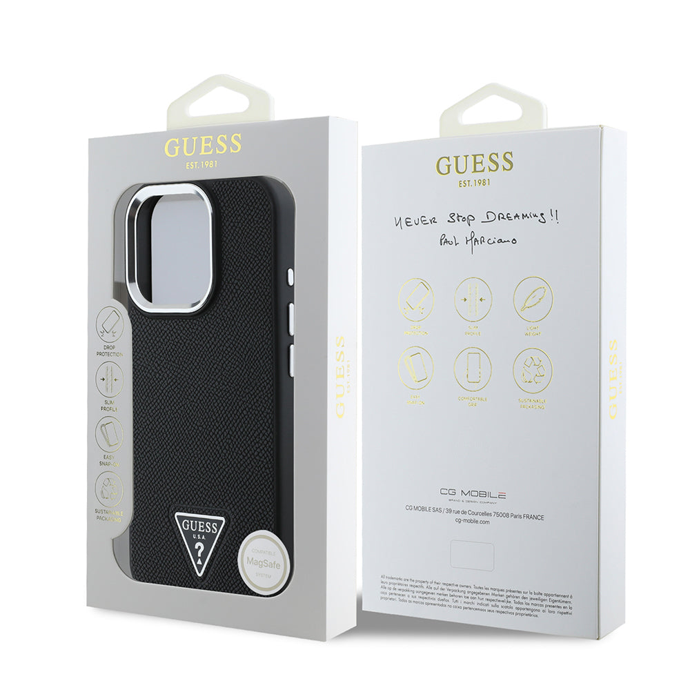 Apple iPhone 14 Pro Max Kılıf Guess Orjinal Lisanslı M-safe Şarj Özellikli Grained Triangle Kapak Kahverengi