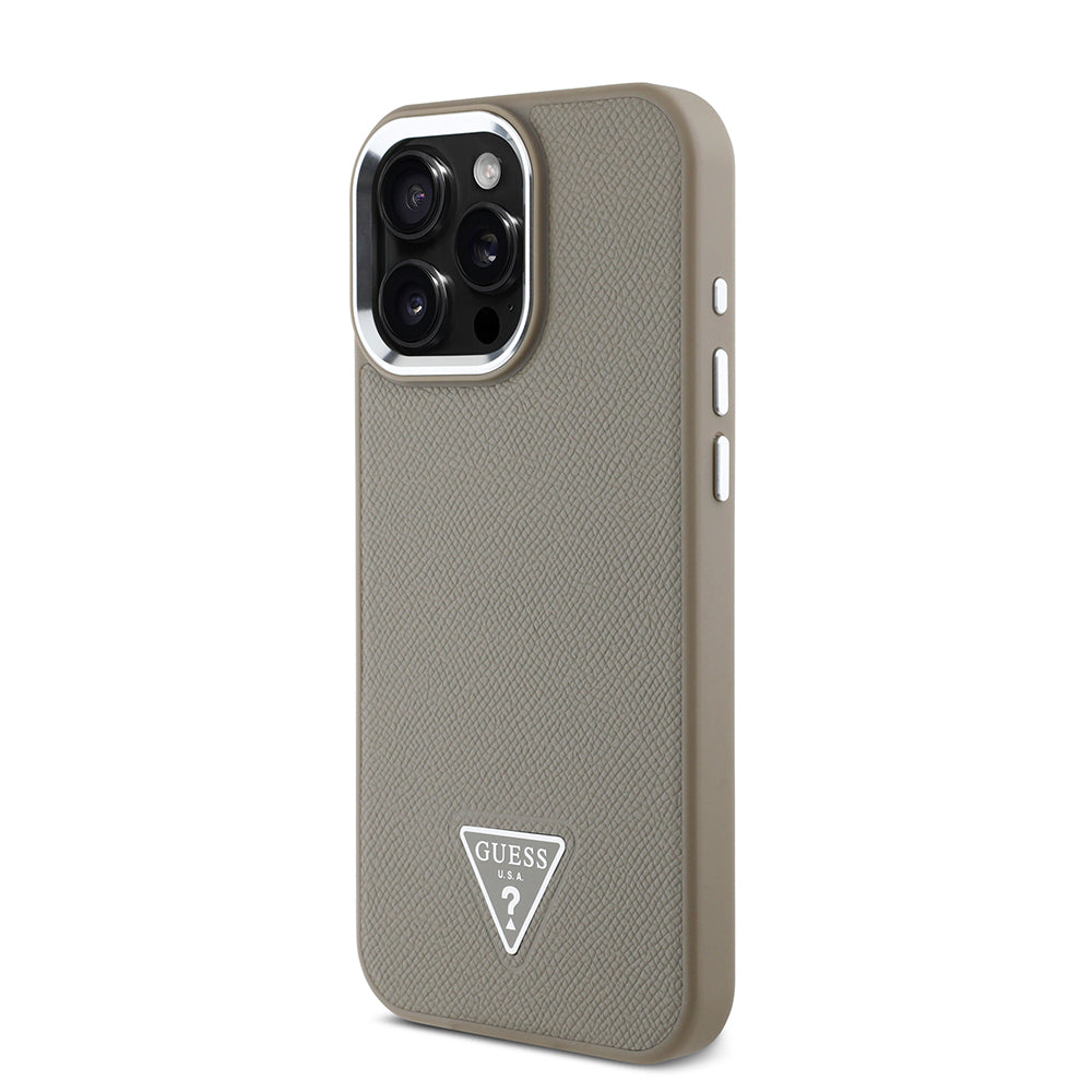Apple iPhone 14 Pro Max Kılıf Guess Orjinal Lisanslı M-safe Şarj Özellikli Grained Triangle Kapak Kahverengi