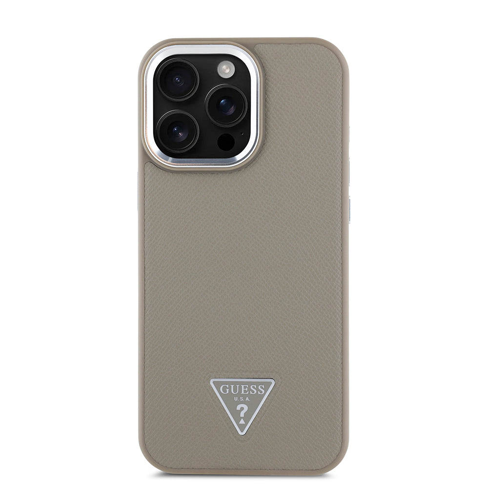 Apple iPhone 14 Pro Max Kılıf Guess Orjinal Lisanslı M-safe Şarj Özellikli Grained Triangle Kapak Kahverengi