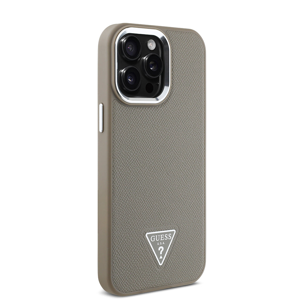 Apple iPhone 14 Pro Max Kılıf Guess Orjinal Lisanslı M-safe Şarj Özellikli Grained Triangle Kapak Kahverengi
