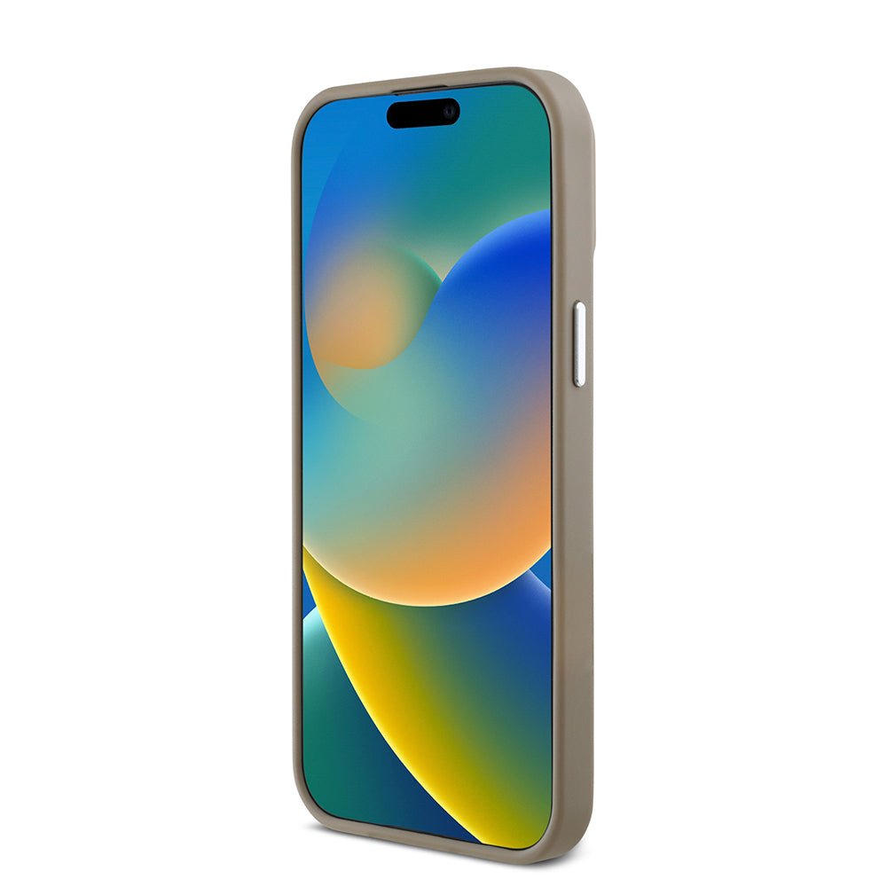 Apple iPhone 14 Pro Max Kılıf Guess Orjinal Lisanslı M-safe Şarj Özellikli Grained Triangle Kapak Kahverengi